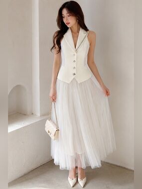 Elizabethan White Tulle Midi Skirt & Crystal Vest Set NWT Size S